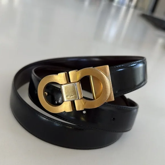 Salvatore Ferragamo Gold Dark Brown Leather Gancini Belt size 40”